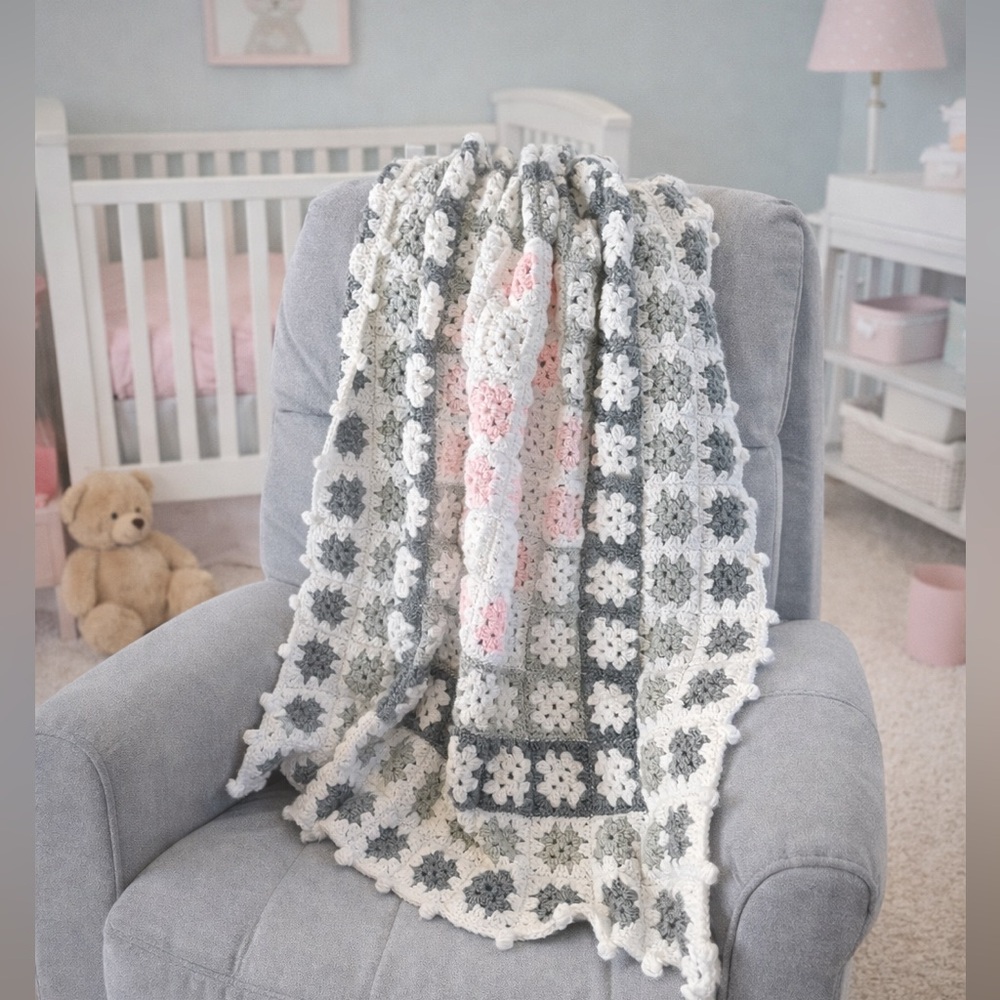 Heirloom Quality Granny Square Crochet Baby Blanket in Gray and Pink, 38x45
